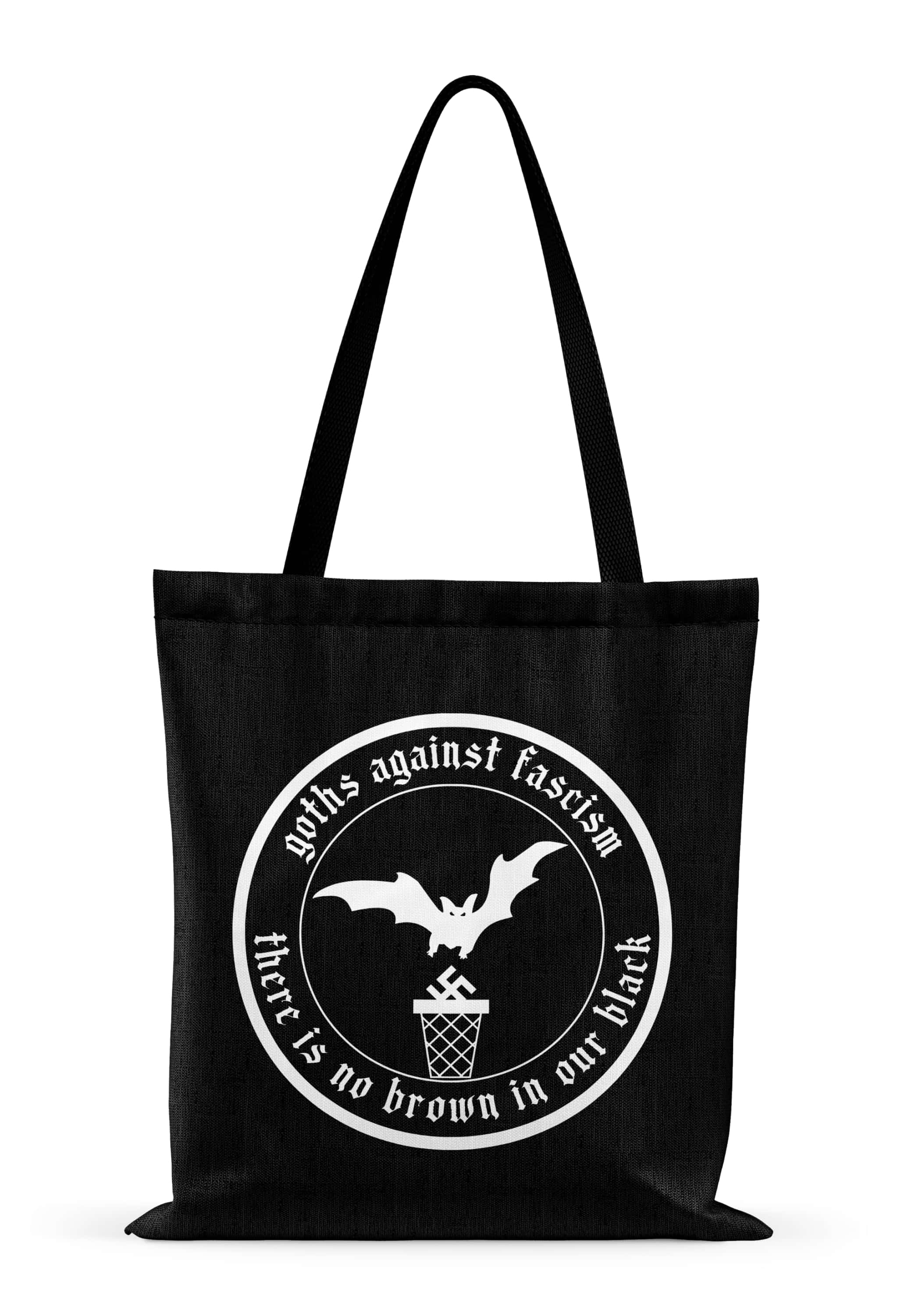 Schwarze canvas tote tasche mit langlebigem digitaldruck goth gegen faschismus emblem und weißem rundlogo